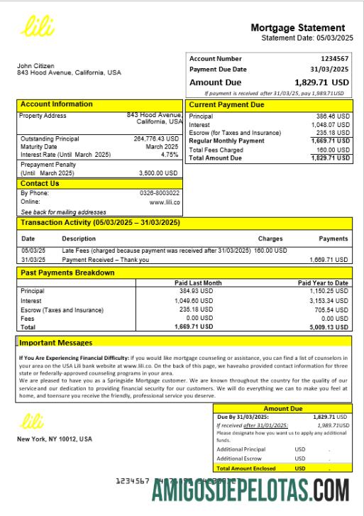 Extrato de hipoteca do USA Lili Bank em formatos Word e PDF exemplo